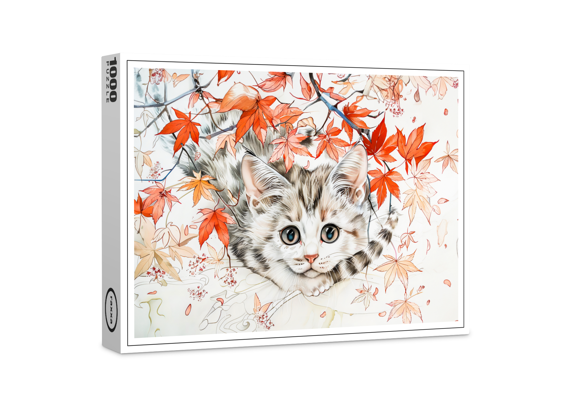 raxxa Premium-Puzzle: Curious Kitten in Autumn Leaves in Chinese Ink Painting Style