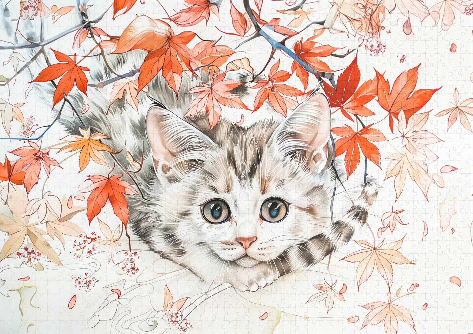 raxxa Premium-Puzzle: Curious Kitten in Autumn Leaves in Chinese Ink Painting Style – Bild 2