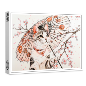 raxxa Premium-Puzzle: Graceful Geisha Cat with Ornate Parasol and Cherry Blossoms