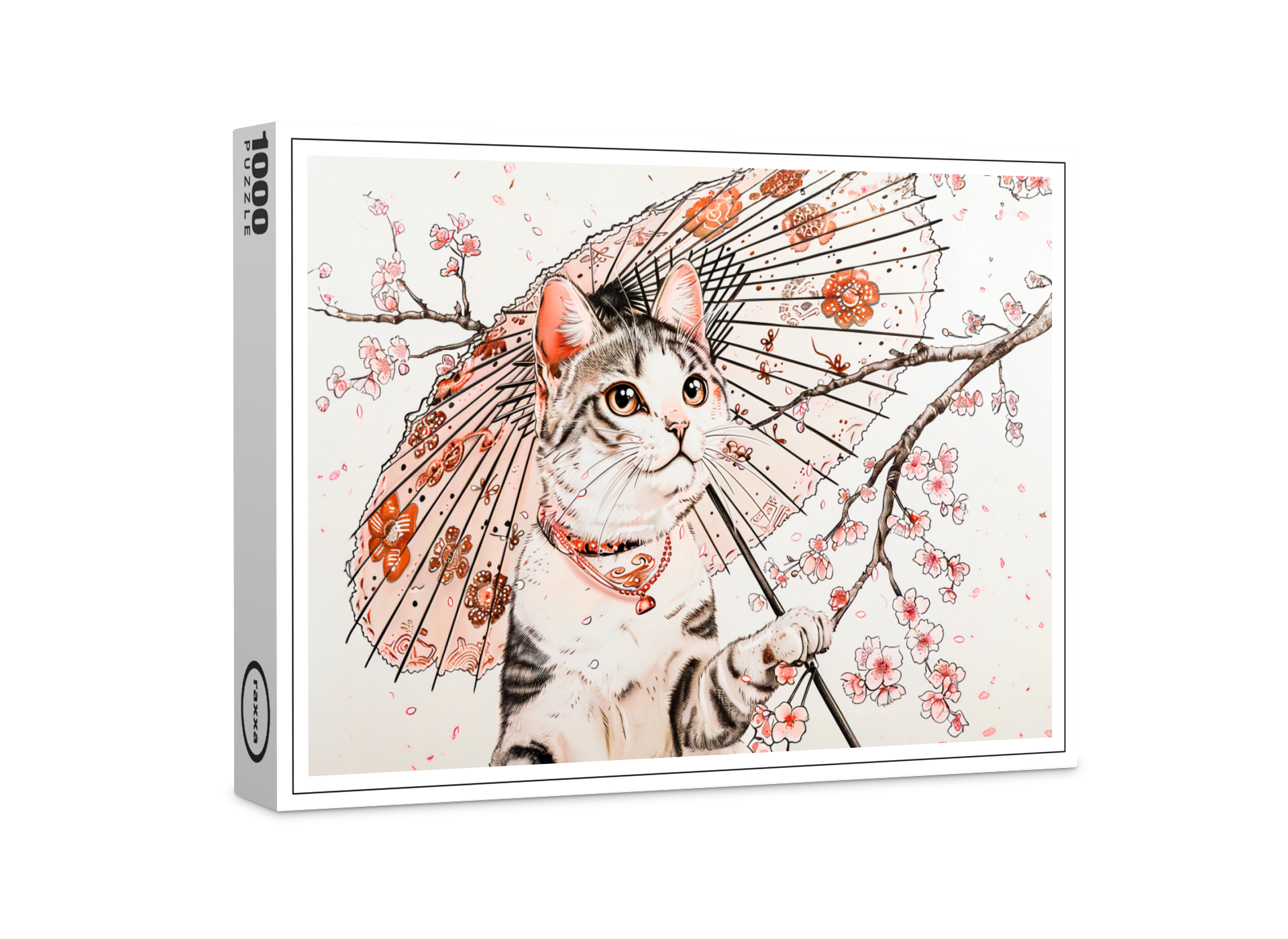 raxxa Premium-Puzzle: Graceful Geisha Cat with Ornate Parasol and Cherry Blossoms