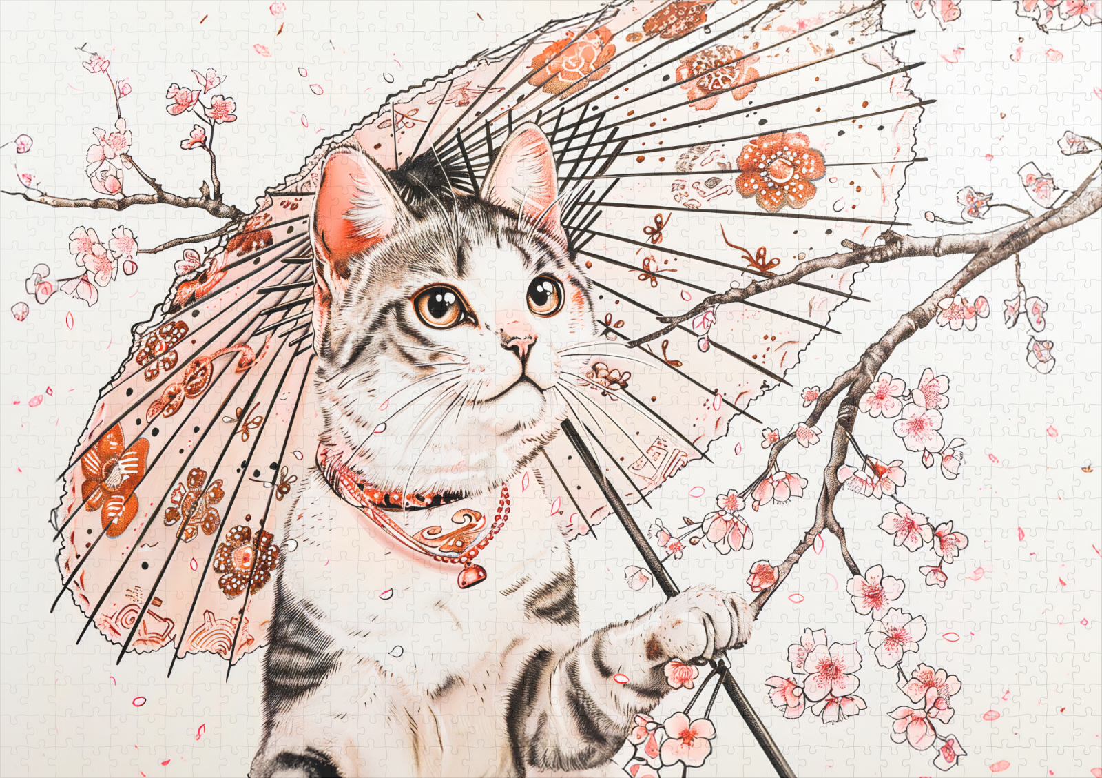 raxxa Premium-Puzzle: Graceful Geisha Cat with Ornate Parasol and Cherry Blossoms – Image 2