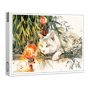 raxxa Premium-Puzzle: White Geisha Cat with in Bamboo Forest Chinese Ink Painting Style