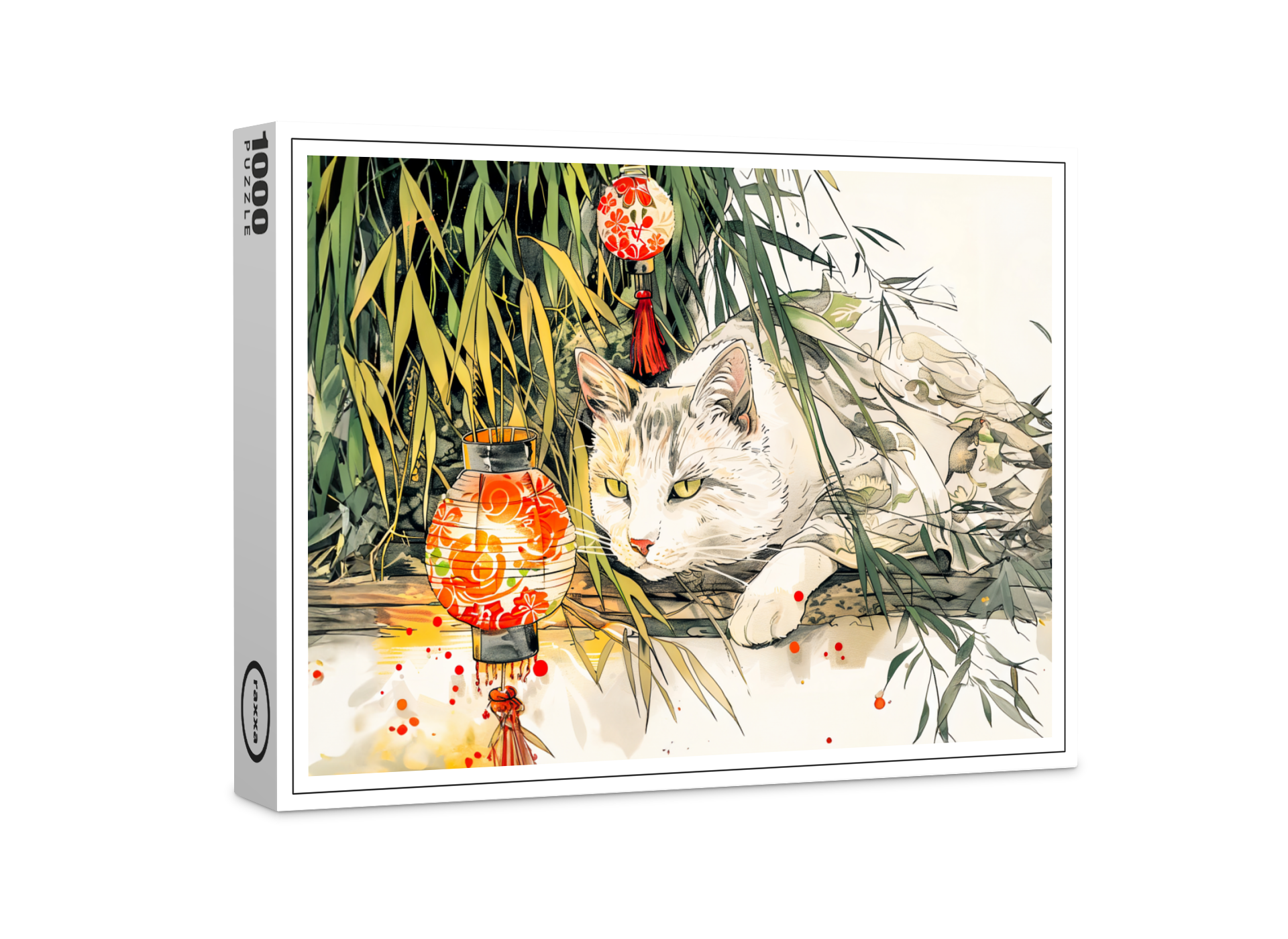 raxxa Premium-Puzzle: White Geisha Cat with in Bamboo Forest Chinese Ink Painting Style