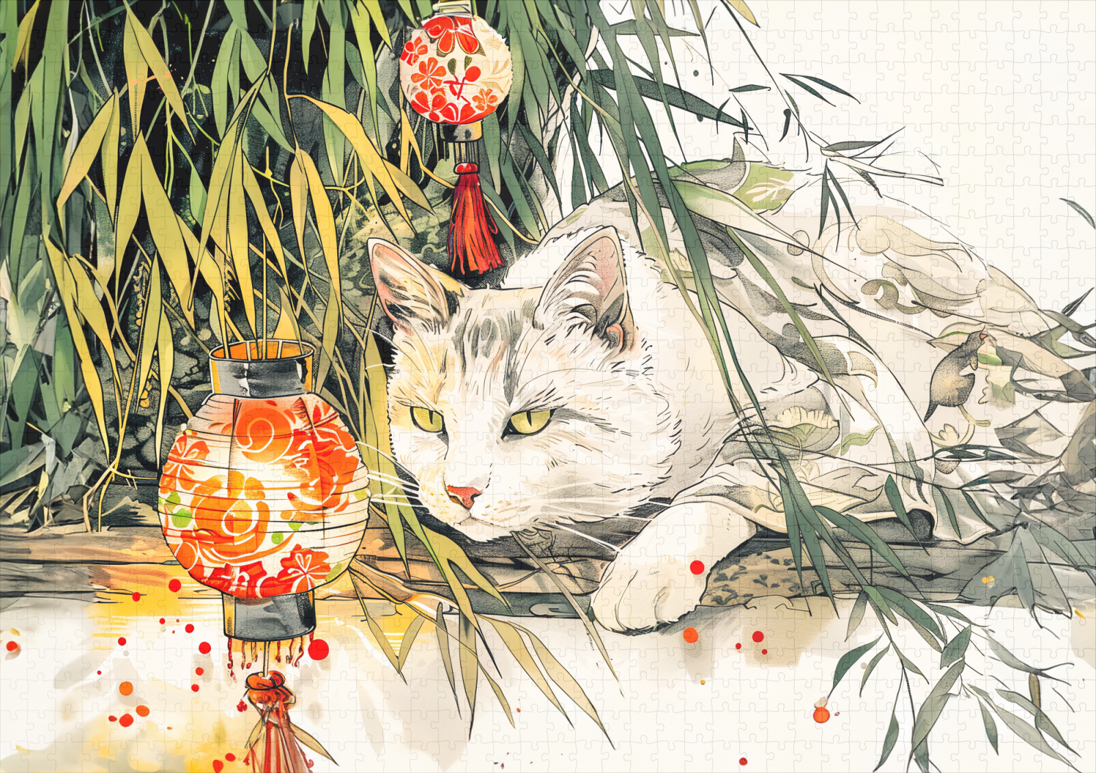 raxxa Premium-Puzzle: White Geisha Cat with in Bamboo Forest Chinese Ink Painting Style – Bild 2