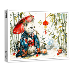 raxxa Premium-Puzzle: White Geisha Cat with Red Umbrella in Bamboo Forest – Chinese Ink Painting Style