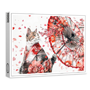 raxxa Premium-Puzzle: Elegant Geisha Cat with Red Umbrella and Cherry Blossoms Asian Ink Art