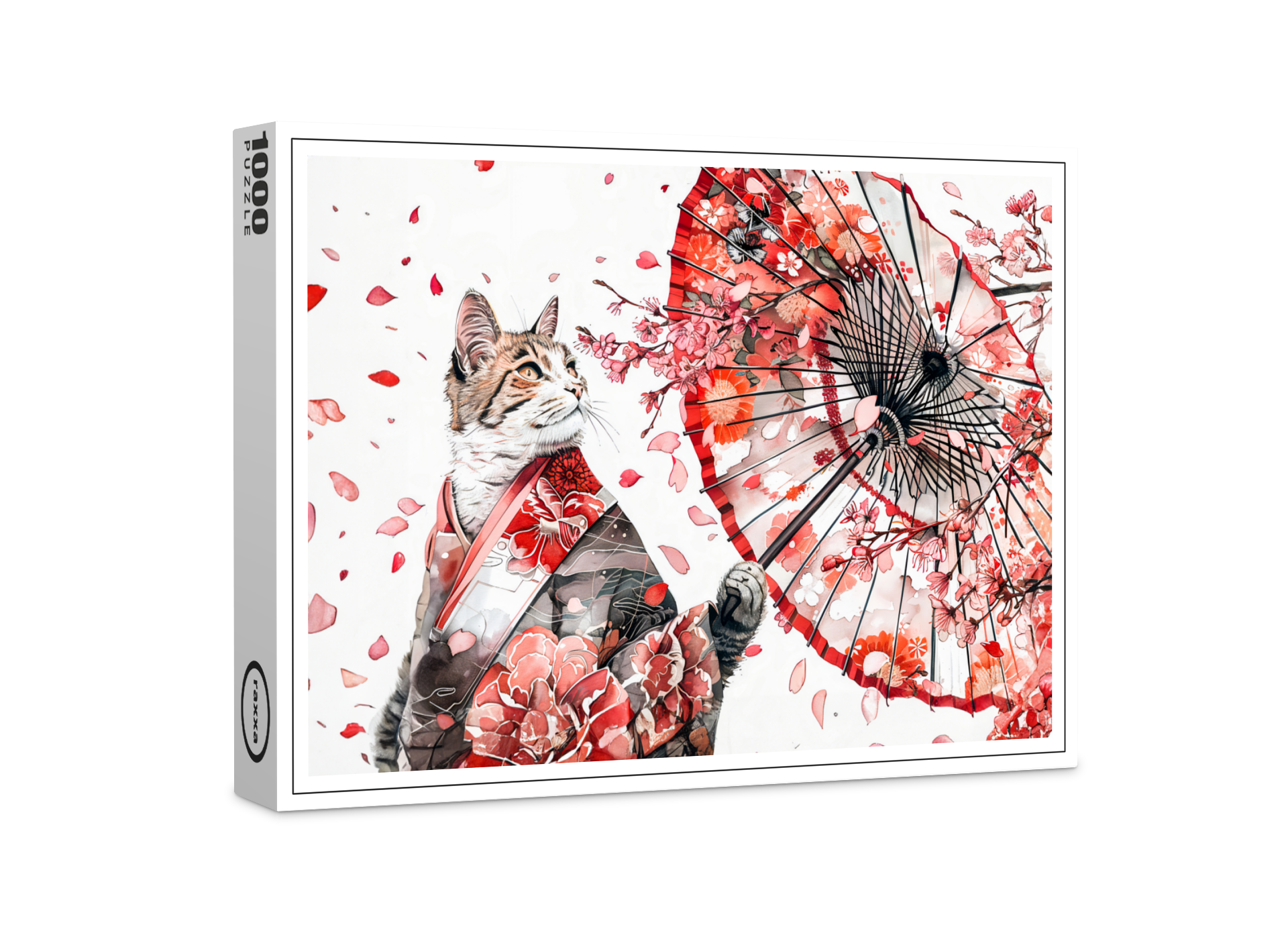 raxxa Premium-Puzzle: Elegant Geisha Cat with Red Umbrella and Cherry Blossoms Asian Ink Art