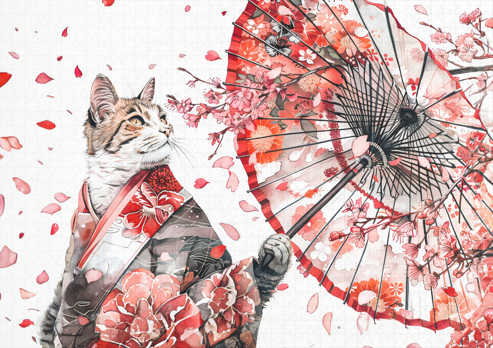 raxxa Premium-Puzzle: Elegant Geisha Cat with Red Umbrella and Cherry Blossoms Asian Ink Art - immagine 2