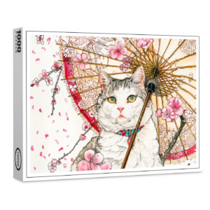raxxa Premium-Puzzle: Geisha Cat with Parasol and Cherry Blossoms in Chinese Ink Painting