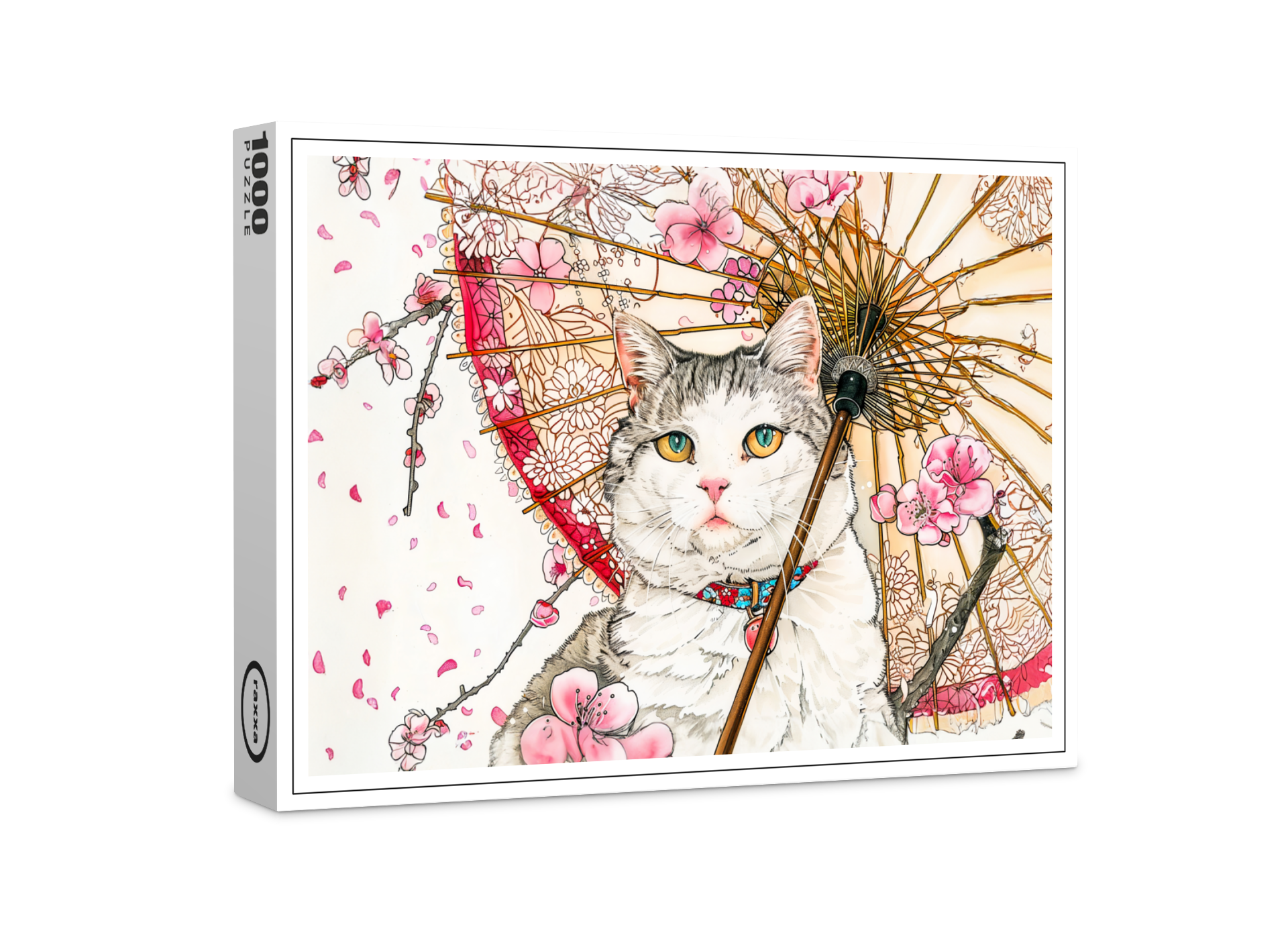 raxxa Premium-Puzzle: Geisha Cat with Parasol and Cherry Blossoms in Chinese Ink Painting