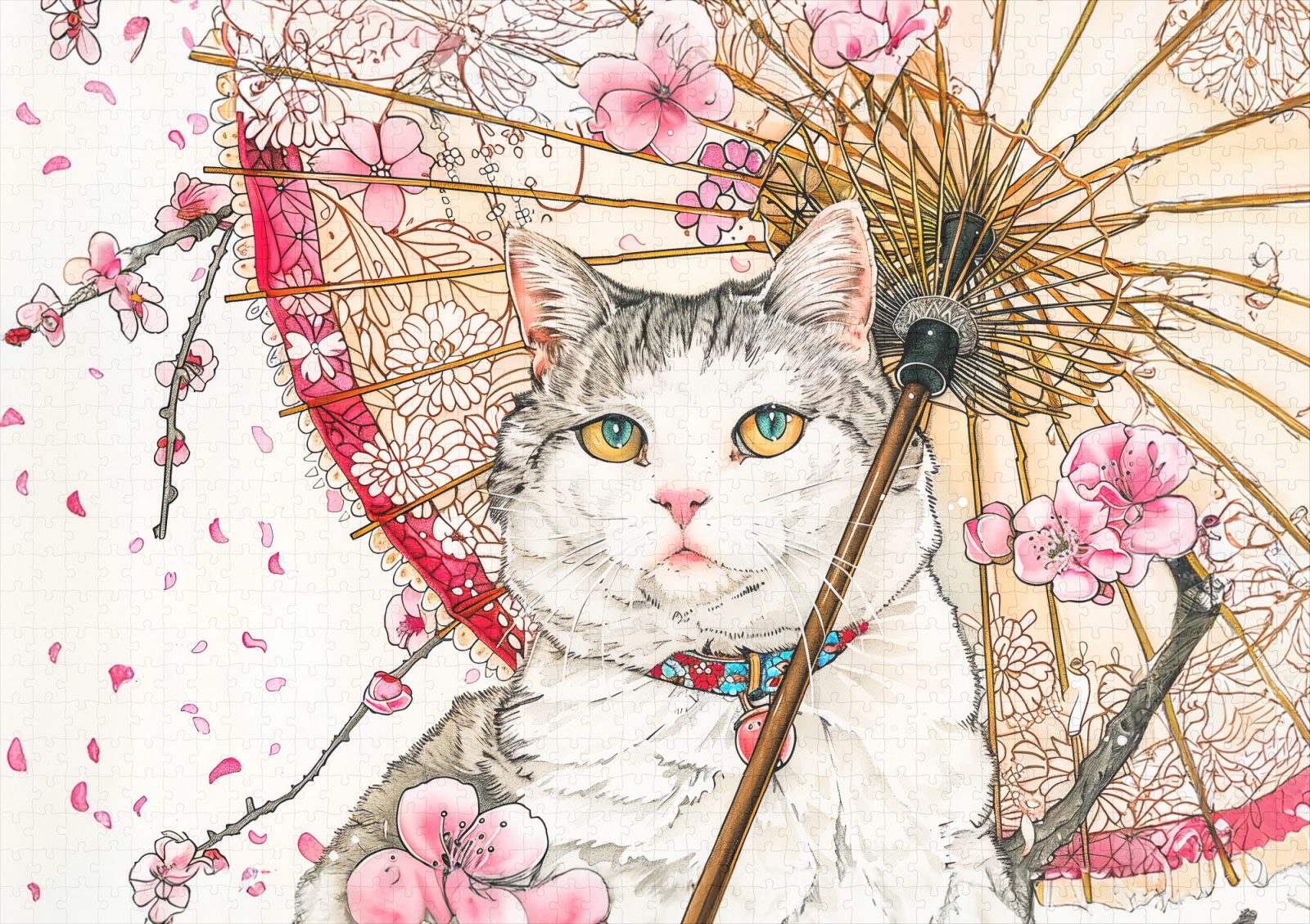raxxa Premium-Puzzle: Geisha Cat with Parasol and Cherry Blossoms in Chinese Ink Painting – Bild 2