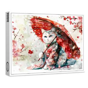 raxxa Premium-Puzzle: Mysterious Geisha Cat with P Red Parasol in Chinese Ink Painting Style