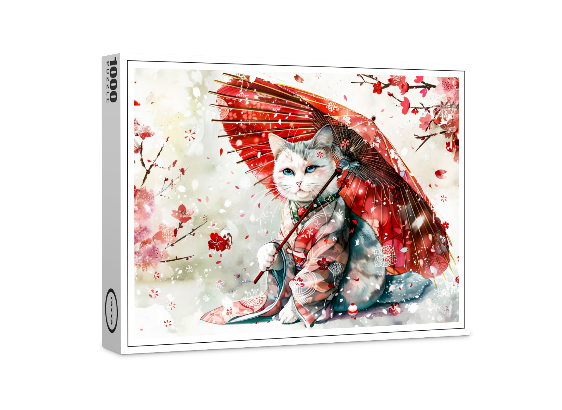 raxxa Premium-Puzzle: Mysterious Geisha Cat with P Red Parasol in Chinese Ink Painting Style