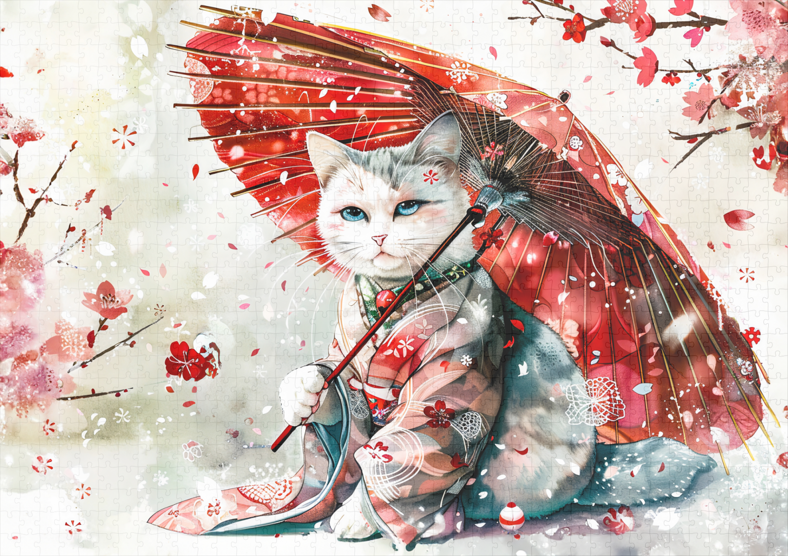 raxxa Premium-Puzzle: Mysterious Geisha Cat with P Red Parasol in Chinese Ink Painting Style - immagine 2