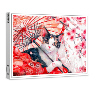 raxxa Premium-Puzzle: Geisha Cat with Umbrella in Chinese Ink Painting Style