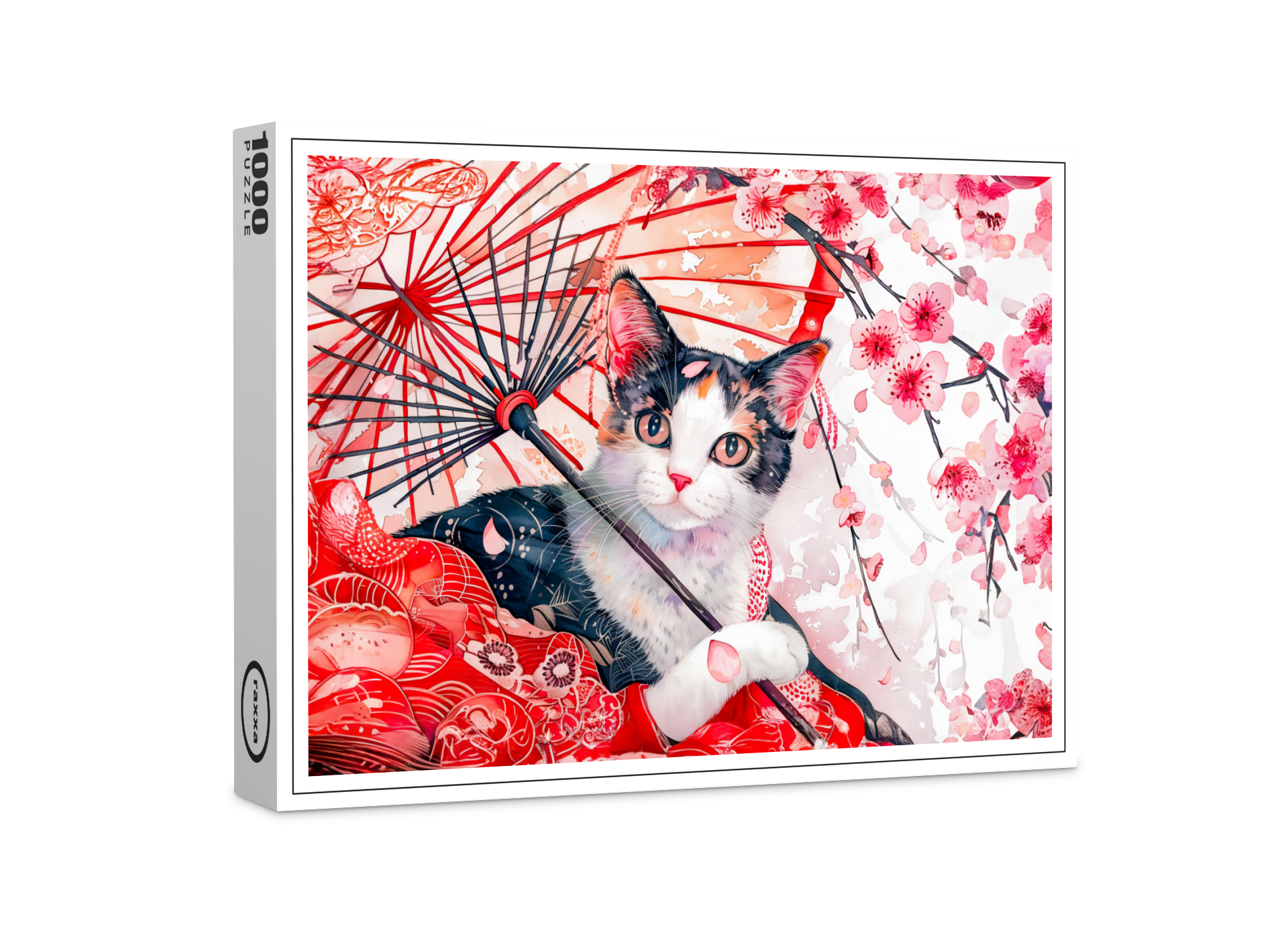 raxxa Premium-Puzzle: Geisha Cat with Umbrella in Chinese Ink Painting Style