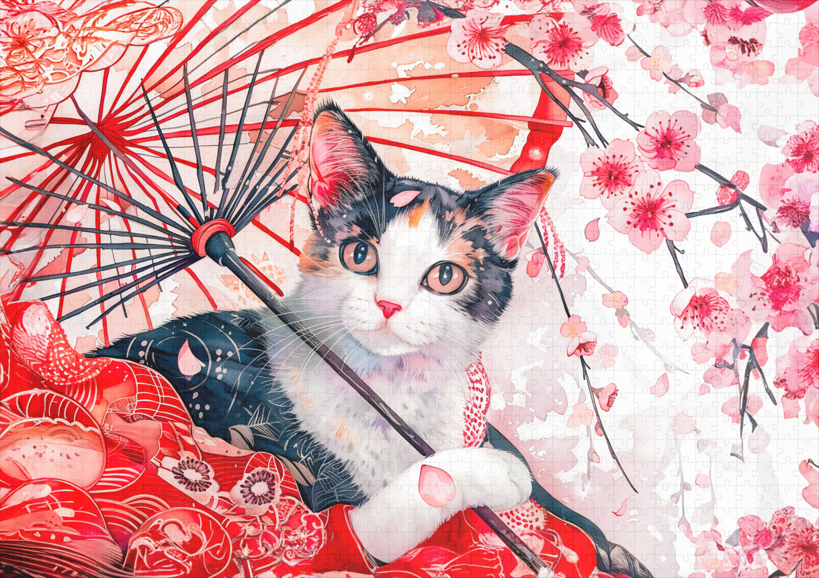 raxxa Premium-Puzzle: Geisha Cat with Umbrella in Chinese Ink Painting Style - immagine 2