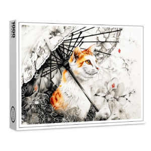 raxxa Premium-Puzzle: Graceful Geisha Cat with White Orchids in Chinese Ink Painting Style