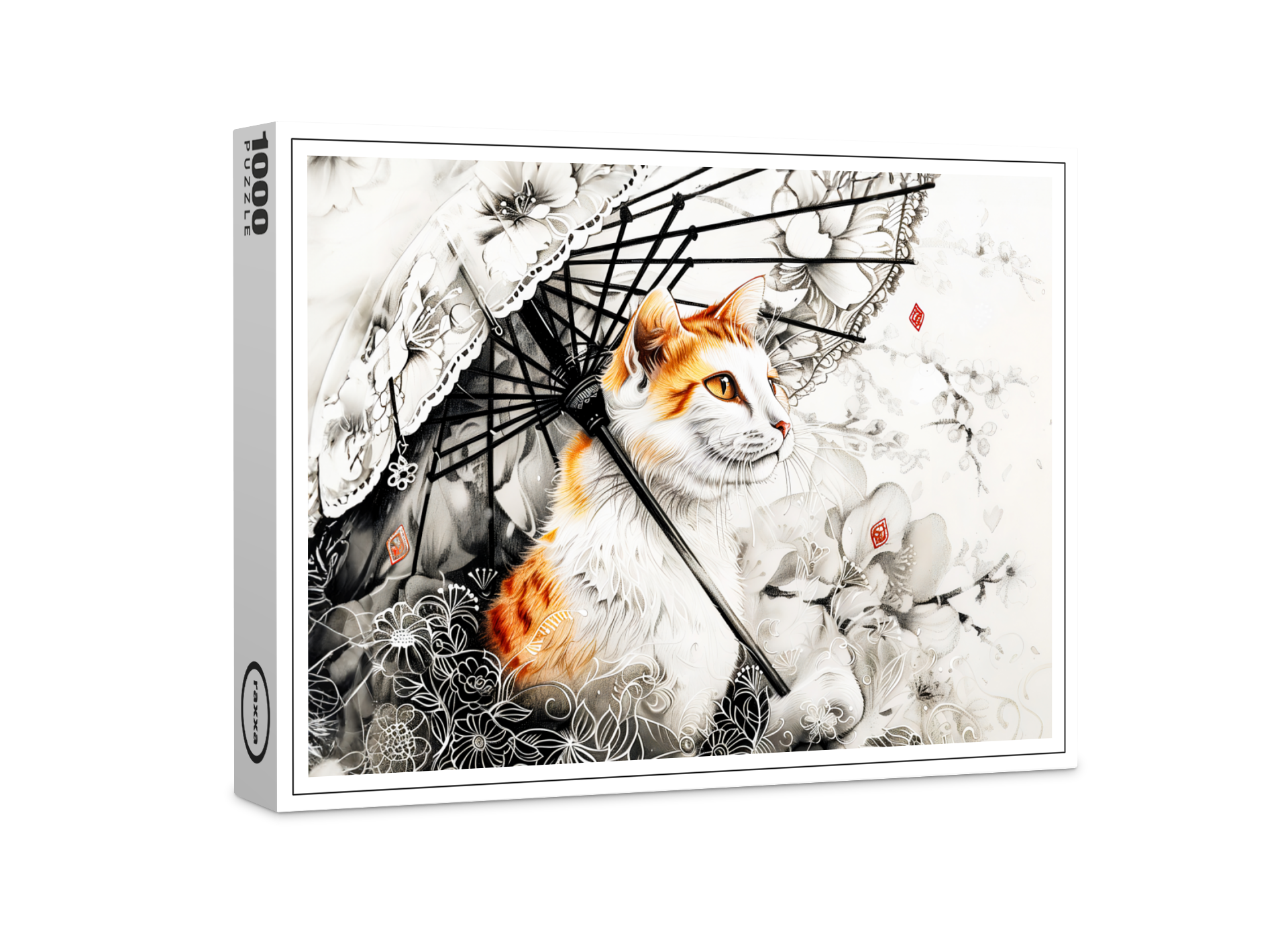 raxxa Premium-Puzzle: Graceful Geisha Cat with White Orchids in Chinese Ink Painting Style