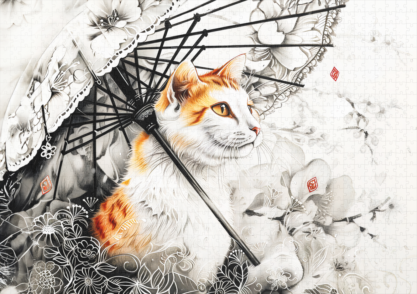 raxxa Premium-Puzzle: Graceful Geisha Cat with White Orchids in Chinese Ink Painting Style – Bild 2