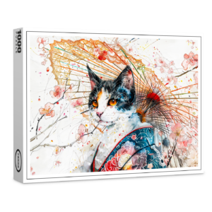 raxxa Premium-Puzzle: Calico Geisha Cat with Red Umbrella in Chinese Ink Painting Style