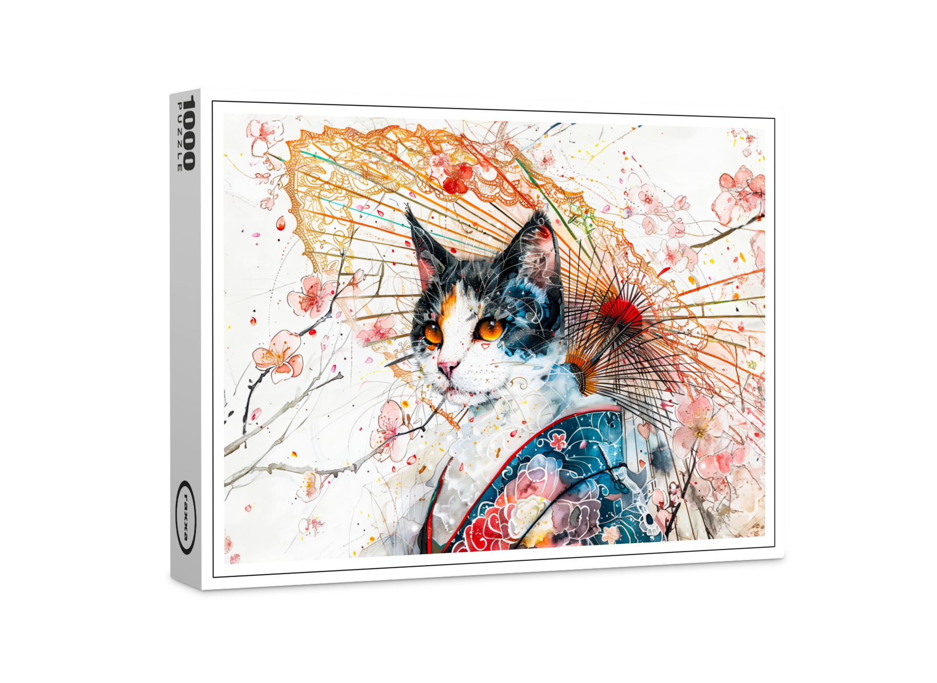 raxxa Premium-Puzzle: Calico Geisha Cat with Red Umbrella in Chinese Ink Painting Style