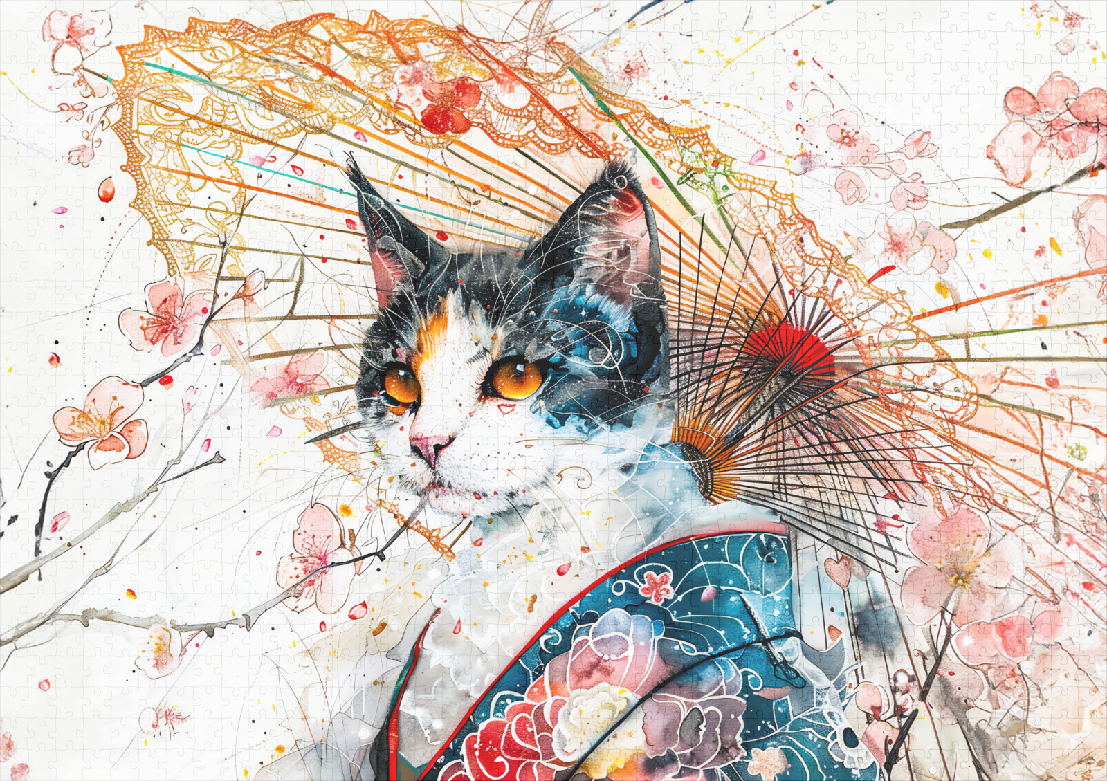raxxa Premium-Puzzle: Calico Geisha Cat with Red Umbrella in Chinese Ink Painting Style – Bild 2