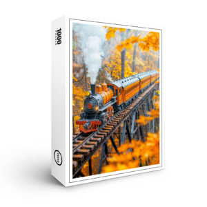 raxxa Premium-Puzzle: Miniature steam train on forest trestle bridge