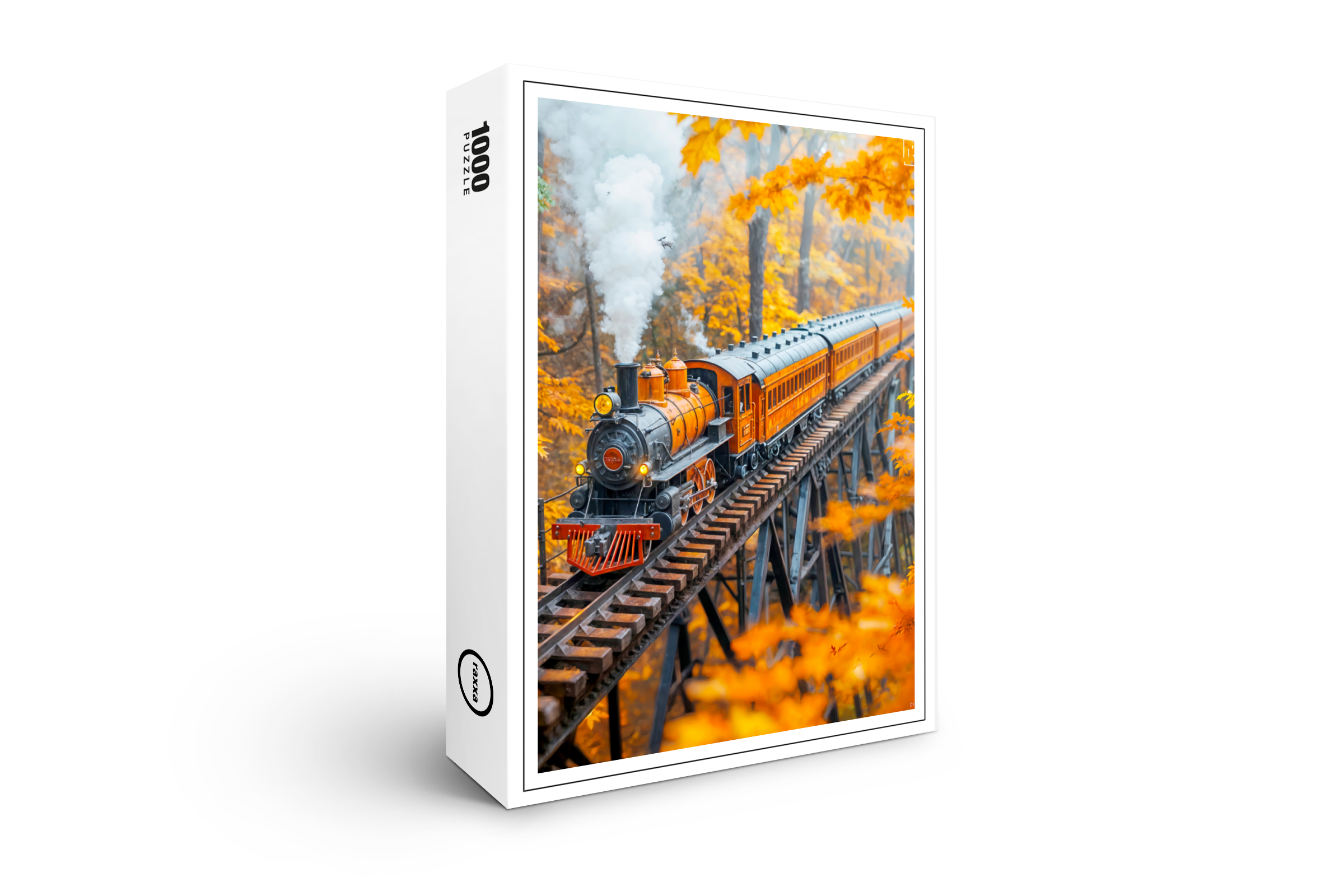 raxxa Premium-Puzzle: Miniature steam train on forest trestle bridge