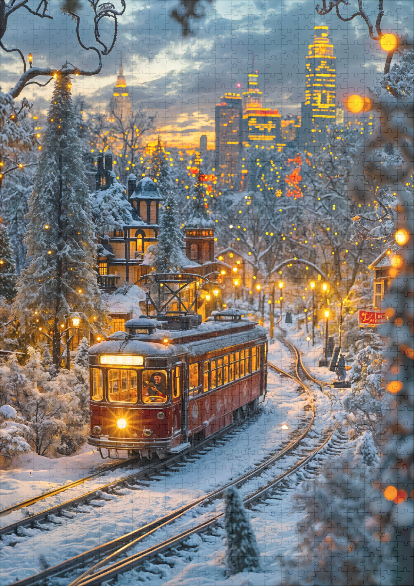raxxa Premium-Puzzle: Miniature tram in snowy winter city - Imagen 2