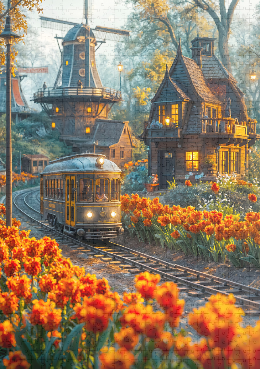 raxxa Premium-Puzzle: Miniature trolley in tulip garden village – Bild 2