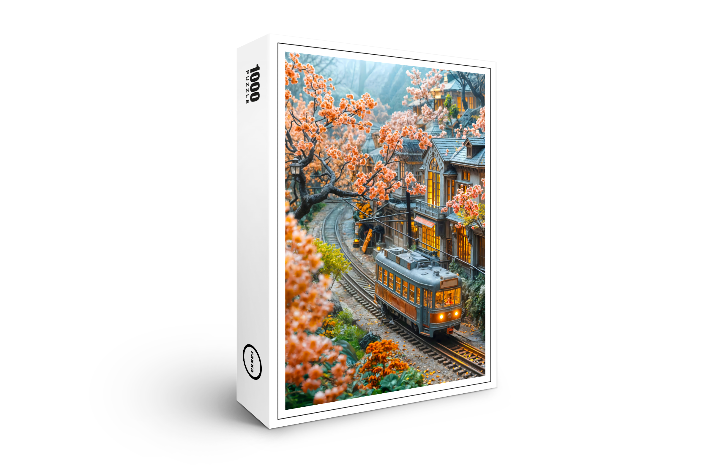 raxxa Premium-Puzzle: Miniature spring train under cherry trees