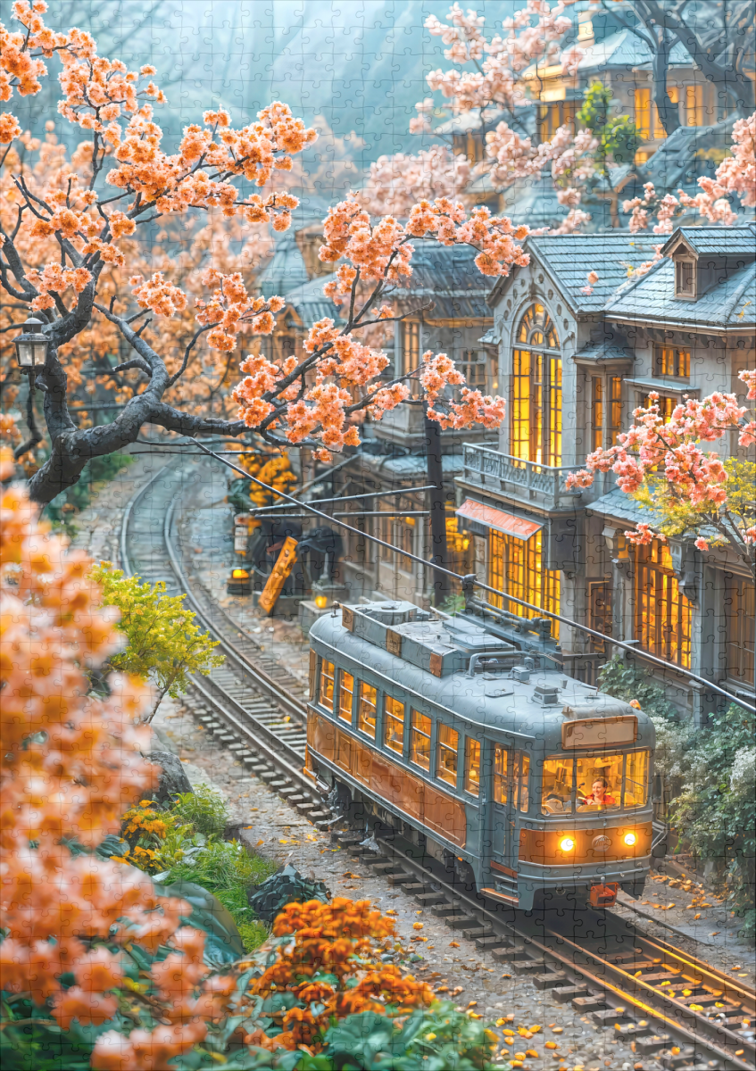 raxxa Premium-Puzzle: Miniature spring train under cherry trees - Image 2