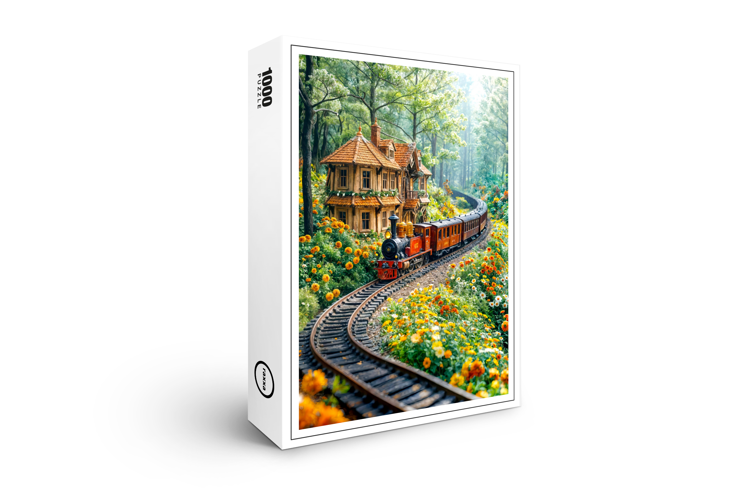 raxxa Premium-Puzzle: Miniature train winding through spring hills