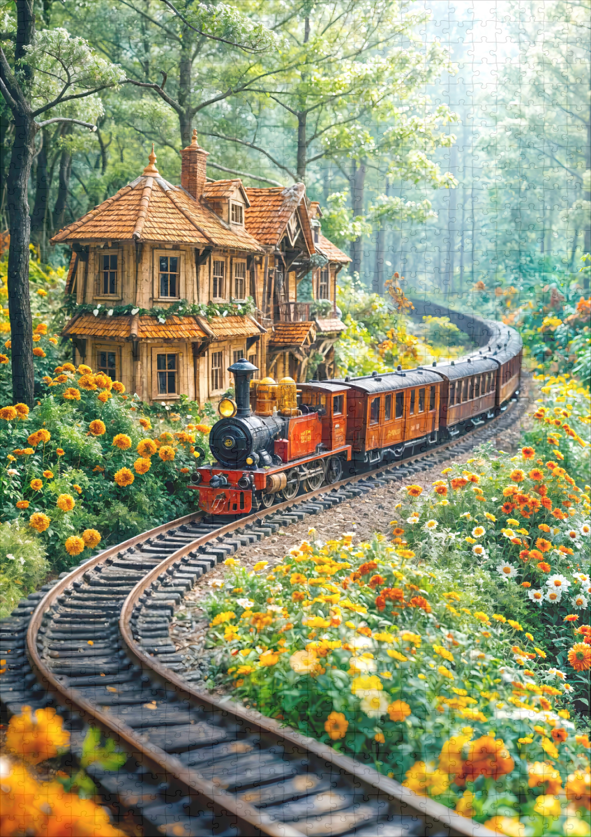 raxxa Premium-Puzzle: Miniature train winding through spring hills – Image 2