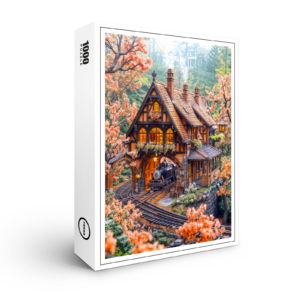 raxxa Premium-Puzzle: Miniature steam train under cherry blossoms