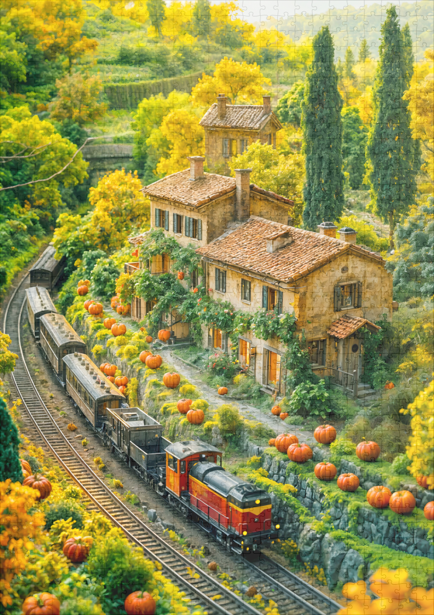 raxxa Premium-Puzzle: Miniature train through Tuscan pumpkin fields - Imagen 2