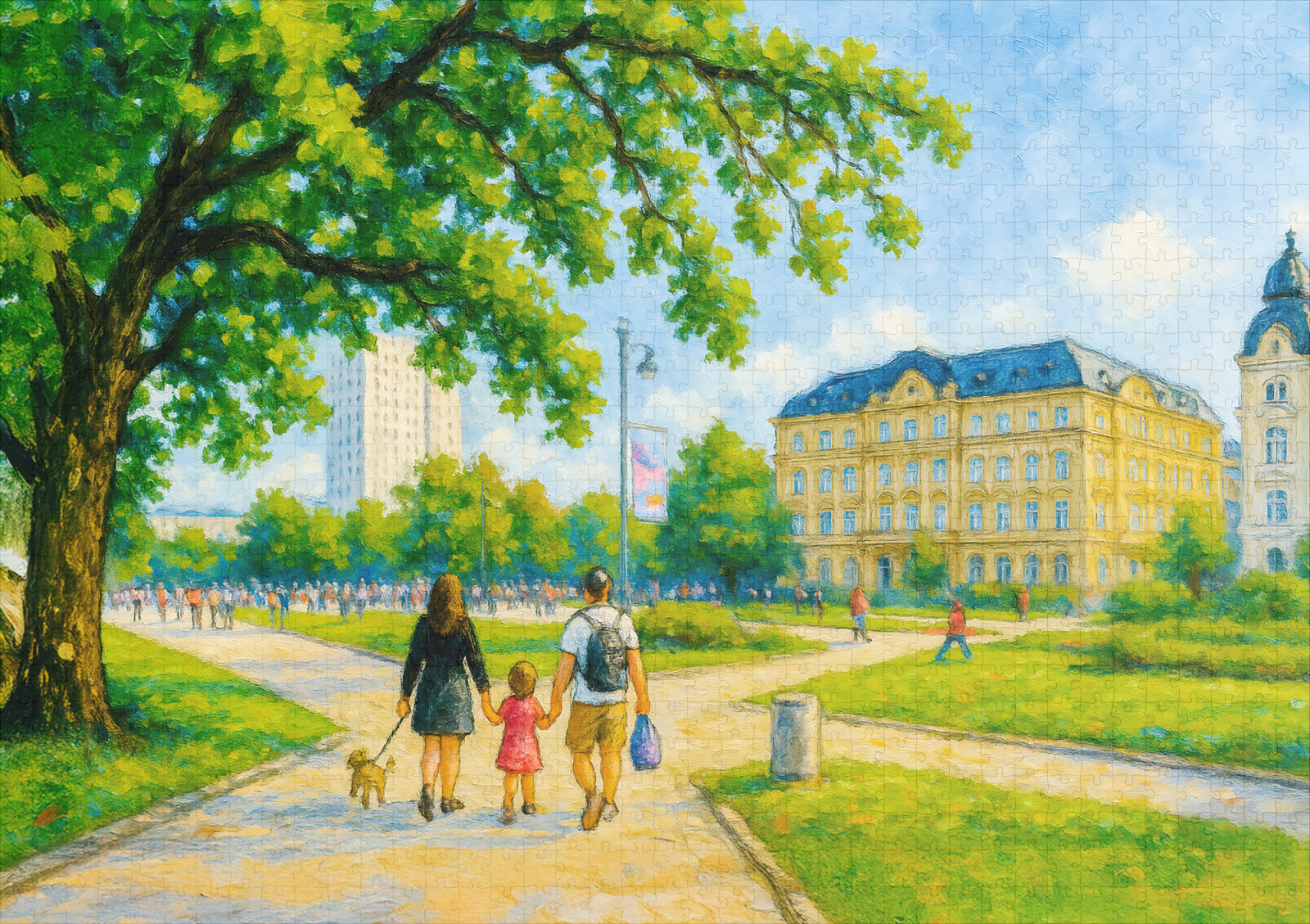 raxxa Premium-Puzzle: Park stroll in Warsaw oil painting with trees and skyline – Bild 2