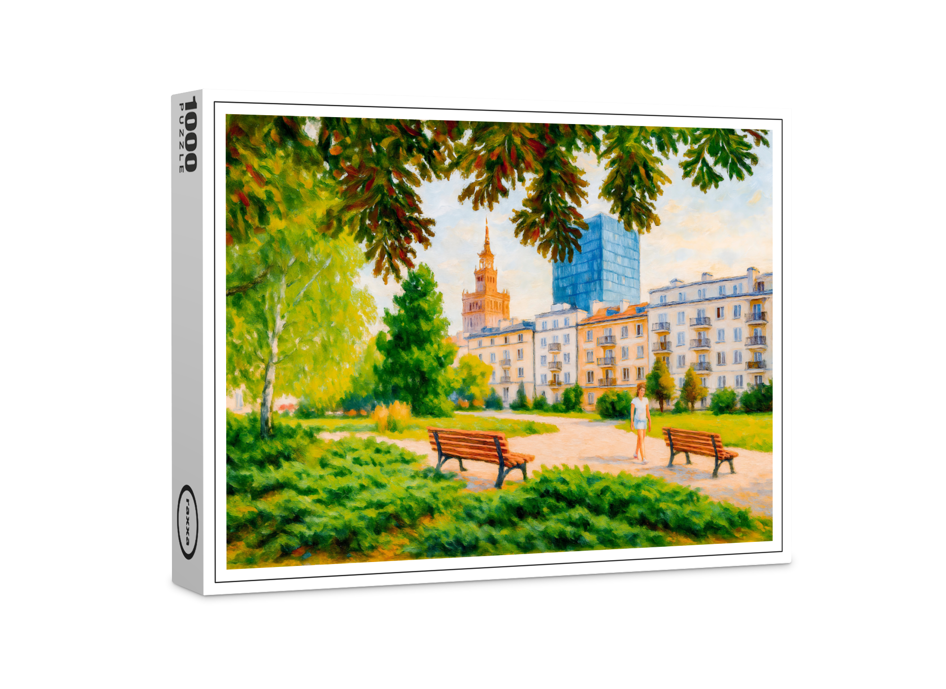 raxxa Premium-Puzzle: Park view with Warsaw skyline colorful oil painting