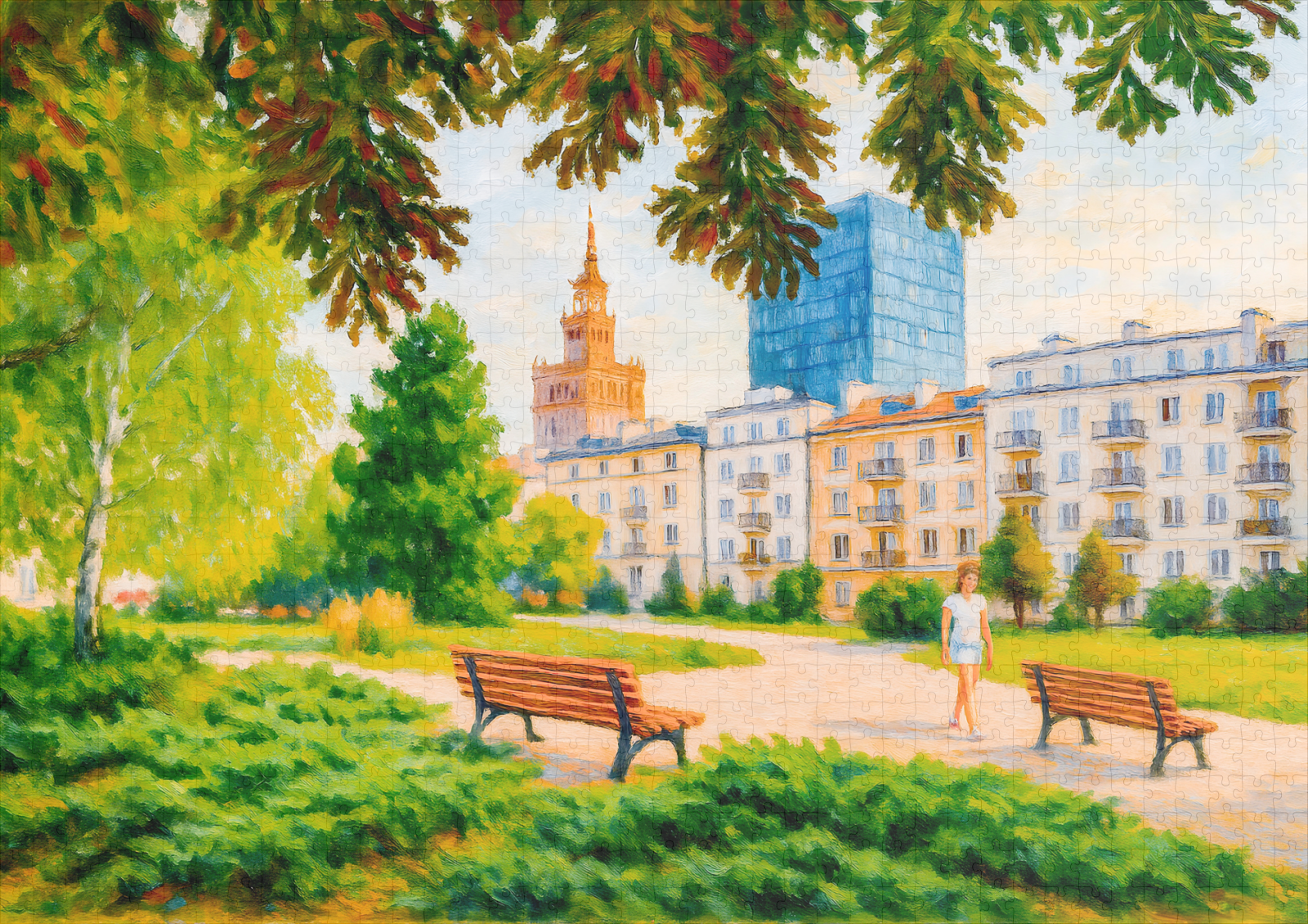 raxxa Premium-Puzzle: Park view with Warsaw skyline colorful oil painting – Bild 2