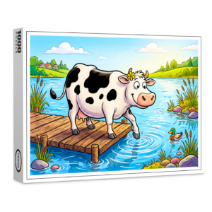 raxxa Premium-Puzzle: Cow Standing Beside a Lake in Peaceful Landscape