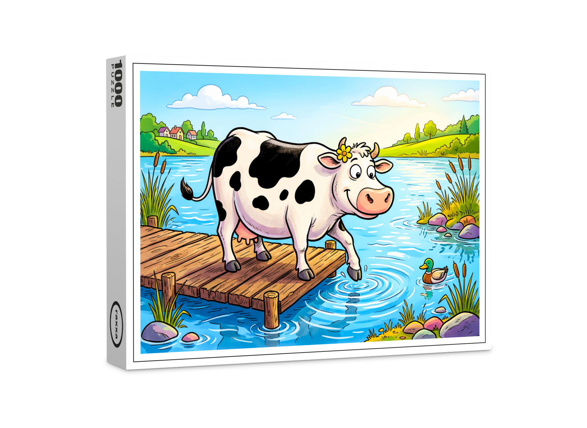 raxxa Premium-Puzzle: Cow Standing Beside a Lake in Peaceful Landscape