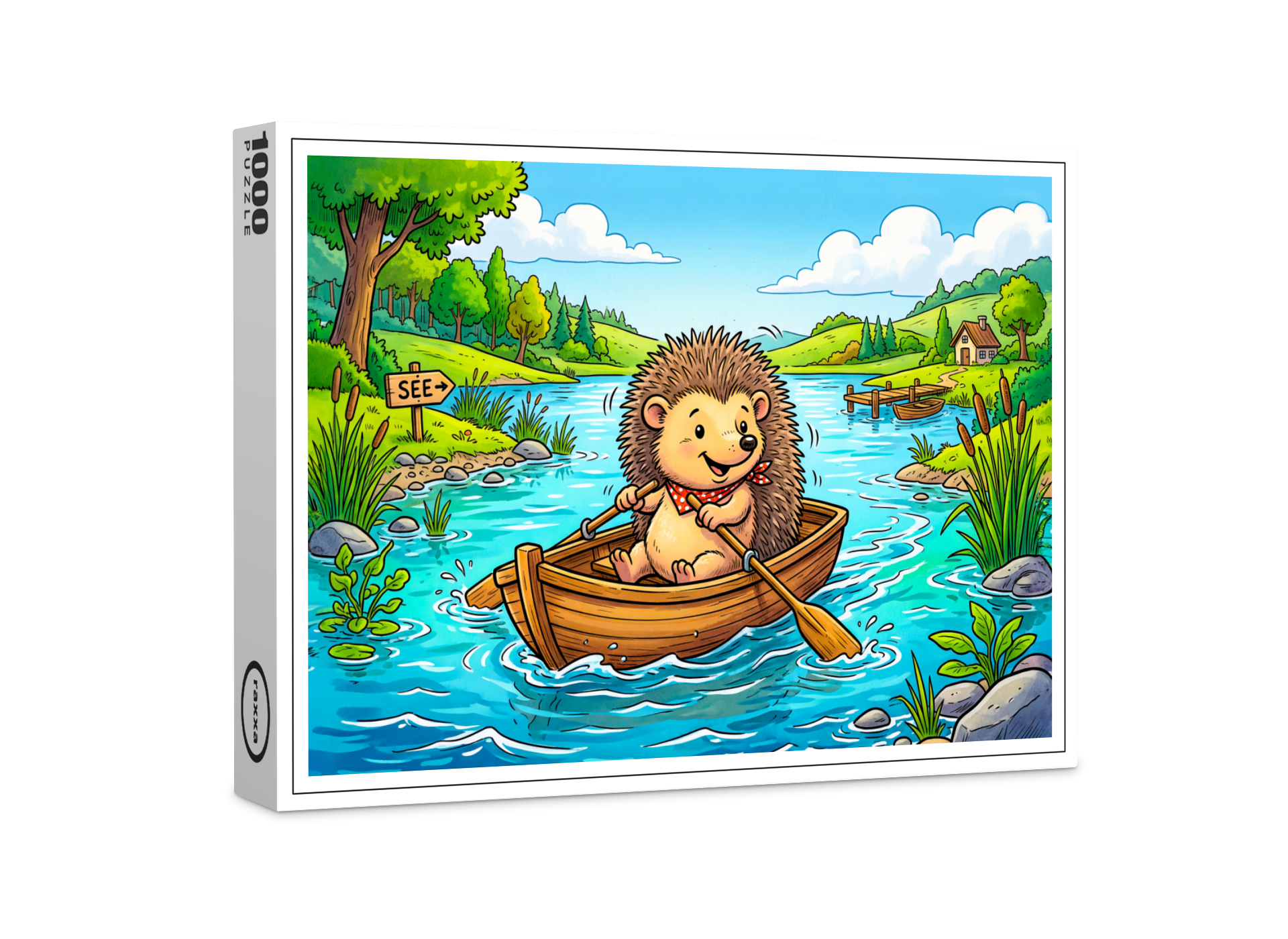 raxxa Premium-Puzzle: Hedgehog Rowing a Small Boat on a Calm Lake