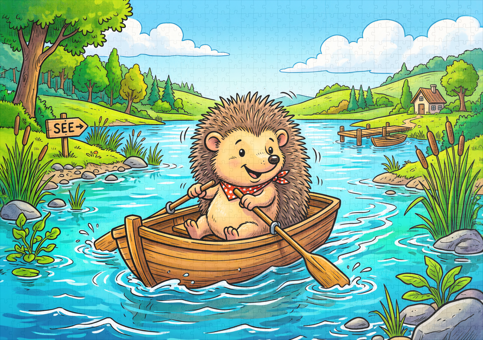 raxxa Premium-Puzzle: Hedgehog Rowing a Small Boat on a Calm Lake - Image 2