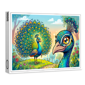 raxxa Premium-Puzzle: Peacock Holding a Large Cartoon Eye Outdoors