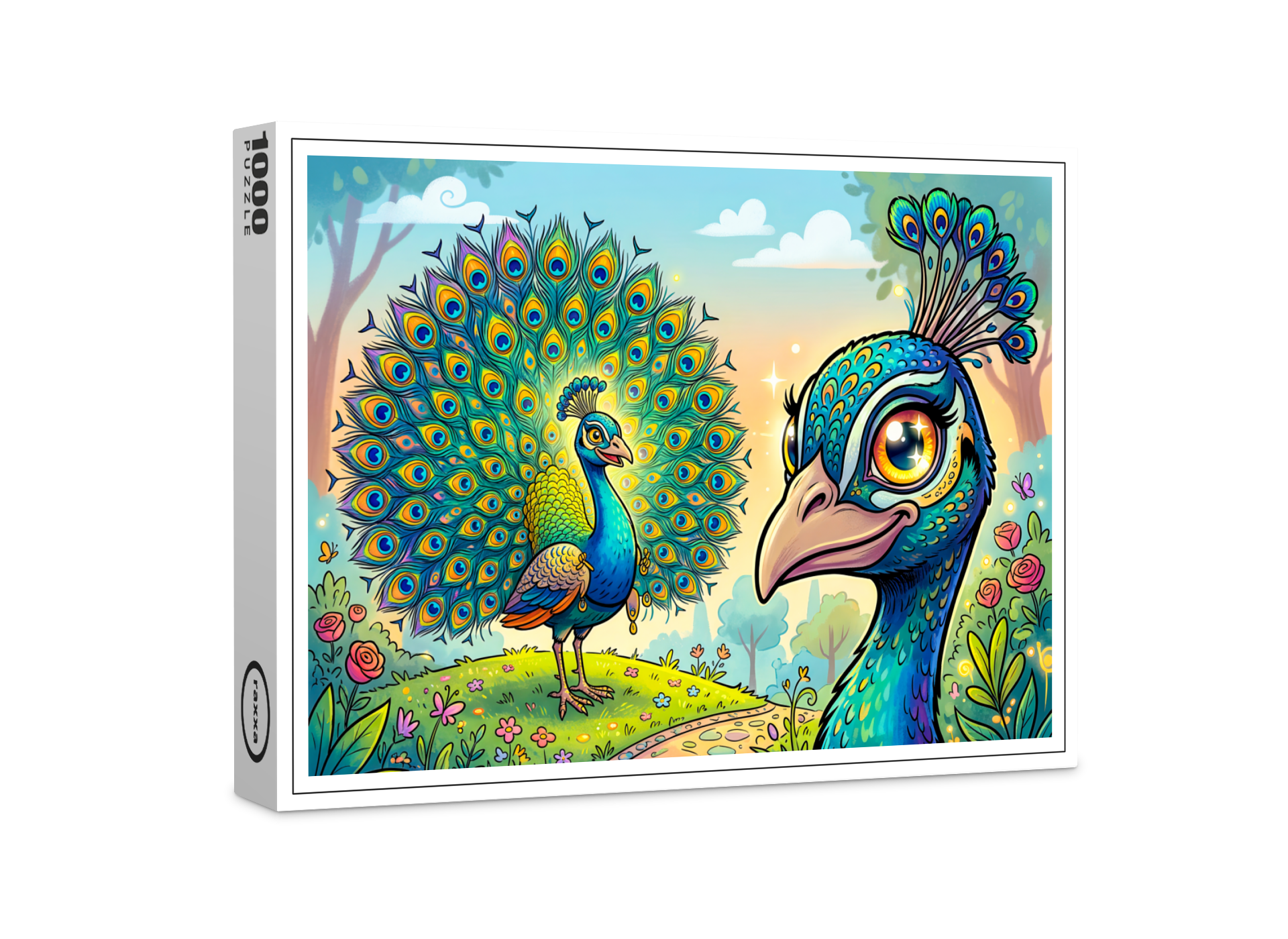 raxxa Premium-Puzzle: Peacock Holding a Large Cartoon Eye Outdoors