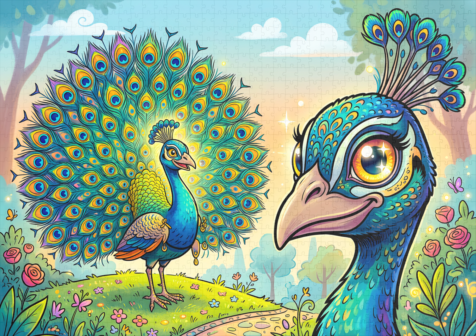 raxxa Premium-Puzzle: Peacock Holding a Large Cartoon Eye Outdoors – Bild 2