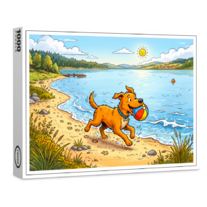 raxxa Premium-Puzzle: Dog Sitting Beside a Lake in Peaceful Nature Scene