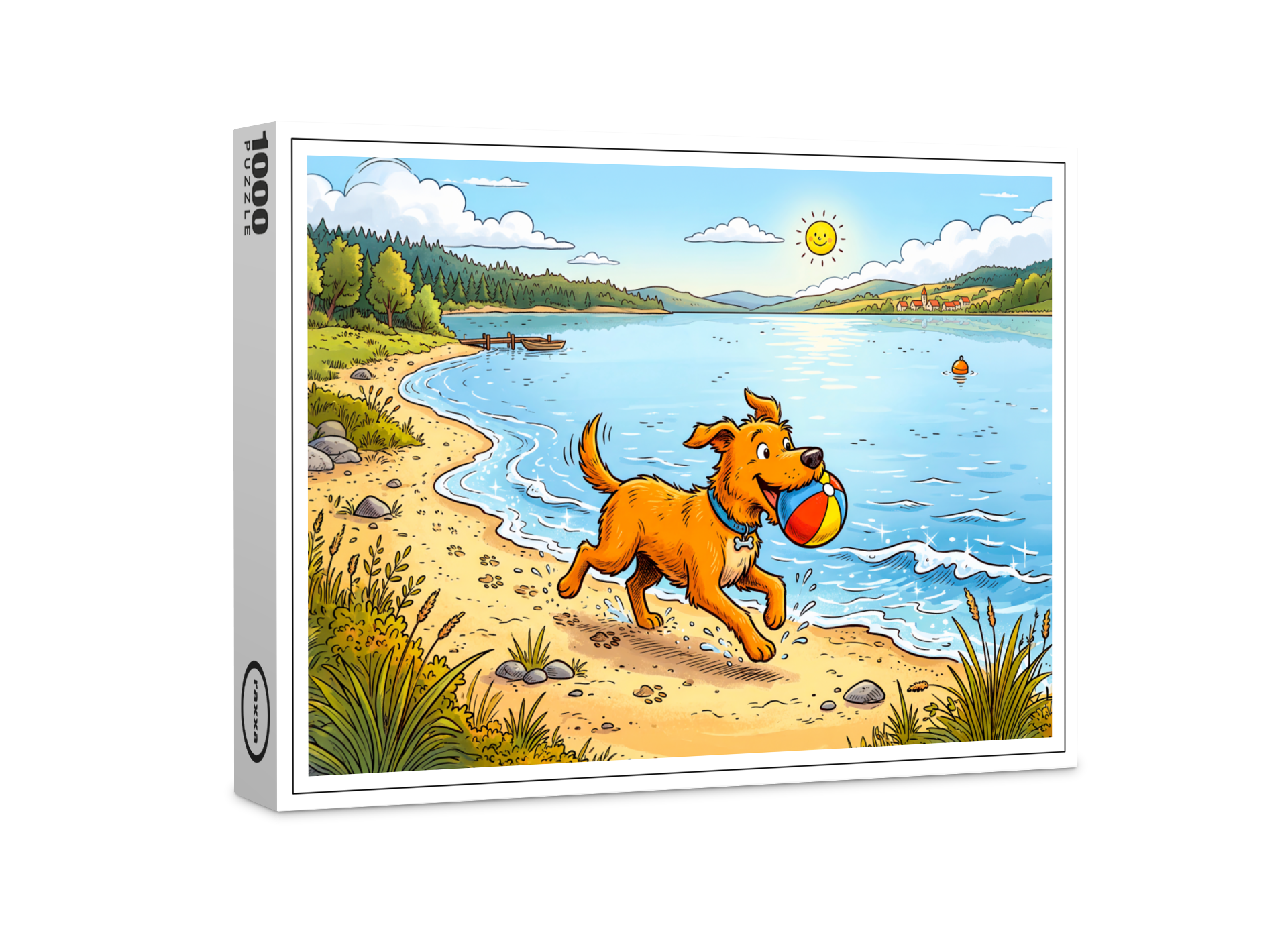 raxxa Premium-Puzzle: Dog Sitting Beside a Lake in Peaceful Nature Scene