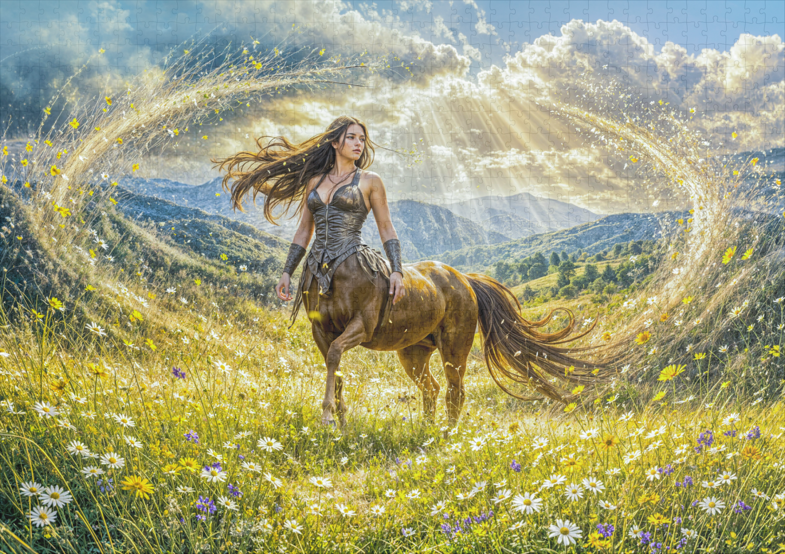 raxxa Premium-Puzzle: Dynamic Fantasy Centauride in Radiant Magical Landscape – Bild 2